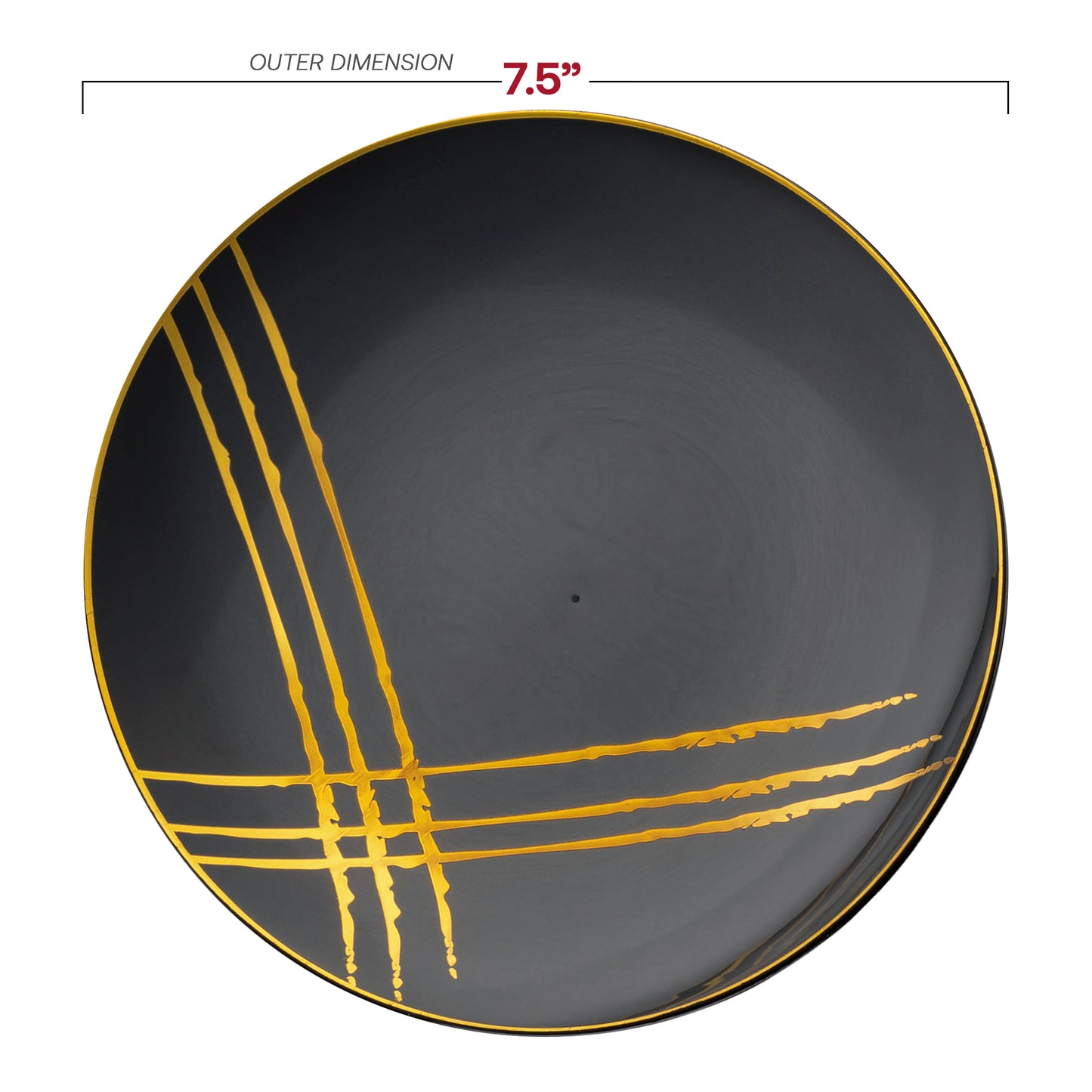 Black with Gold Brushstroke Round Disposable Plastic Salad Plates (7.5")