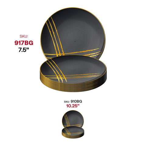 Black with Gold Brushstroke Round Disposable Plastic Salad Plates (7.5
