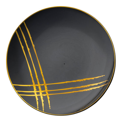Black with Gold Brushstroke Round Disposable Plastic Salad Plates (7.5