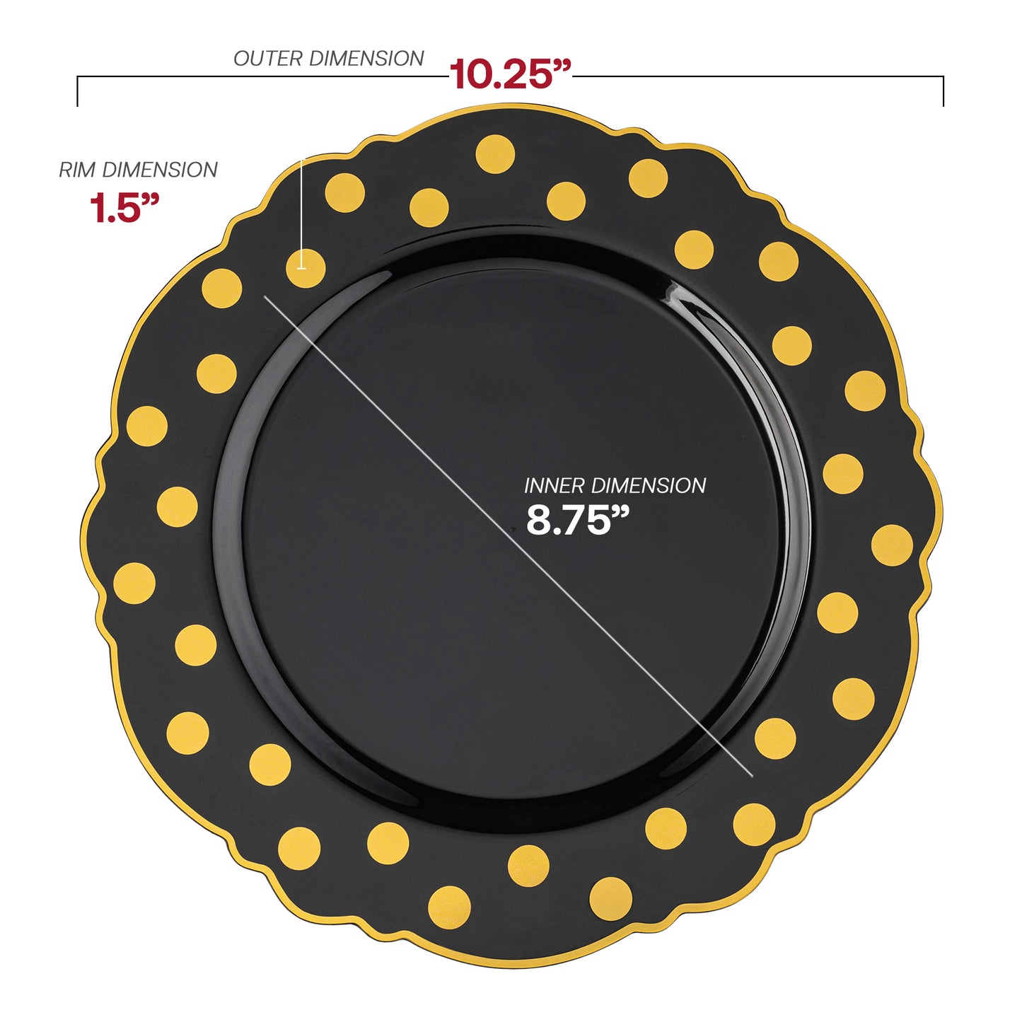 Black with Gold Dots Round Blossom Plastic Disposable Dinner Plates (10.25")