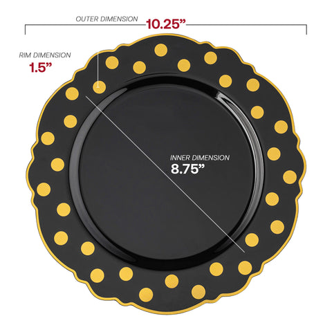 Black with Gold Dots Round Blossom Plastic Disposable Dinner Plates (10.25