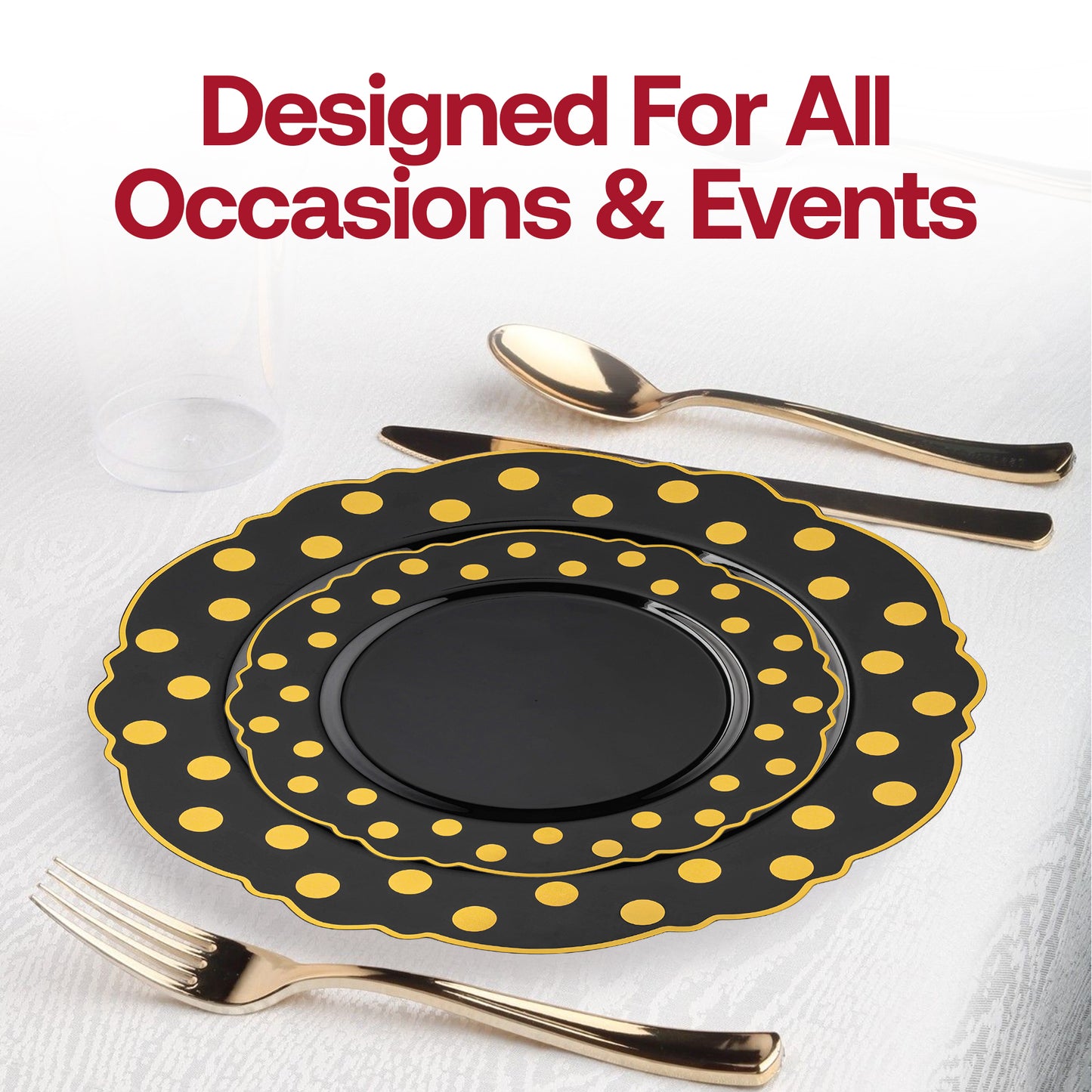 Black with Gold Dots Round Blossom Plastic Disposable Dinner Plates (10.25")