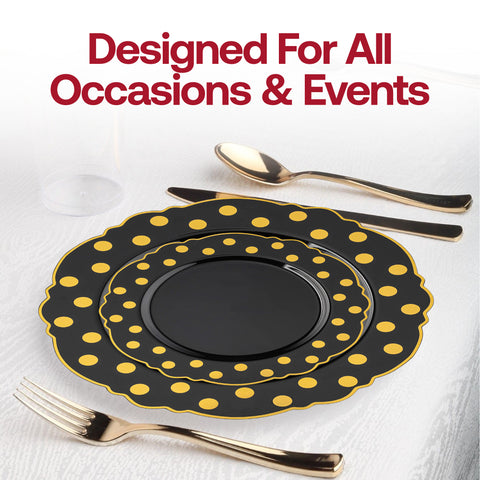 Black with Gold Dots Round Blossom Plastic Disposable Dinner Plates (10.25
