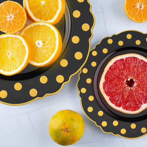 Black with Gold Dots Round Blossom Plastic Disposable Dinner Plates (10.25