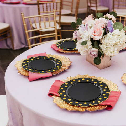 Black with Gold Dots Round Blossom Plastic Disposable Dinner Plates (10.25