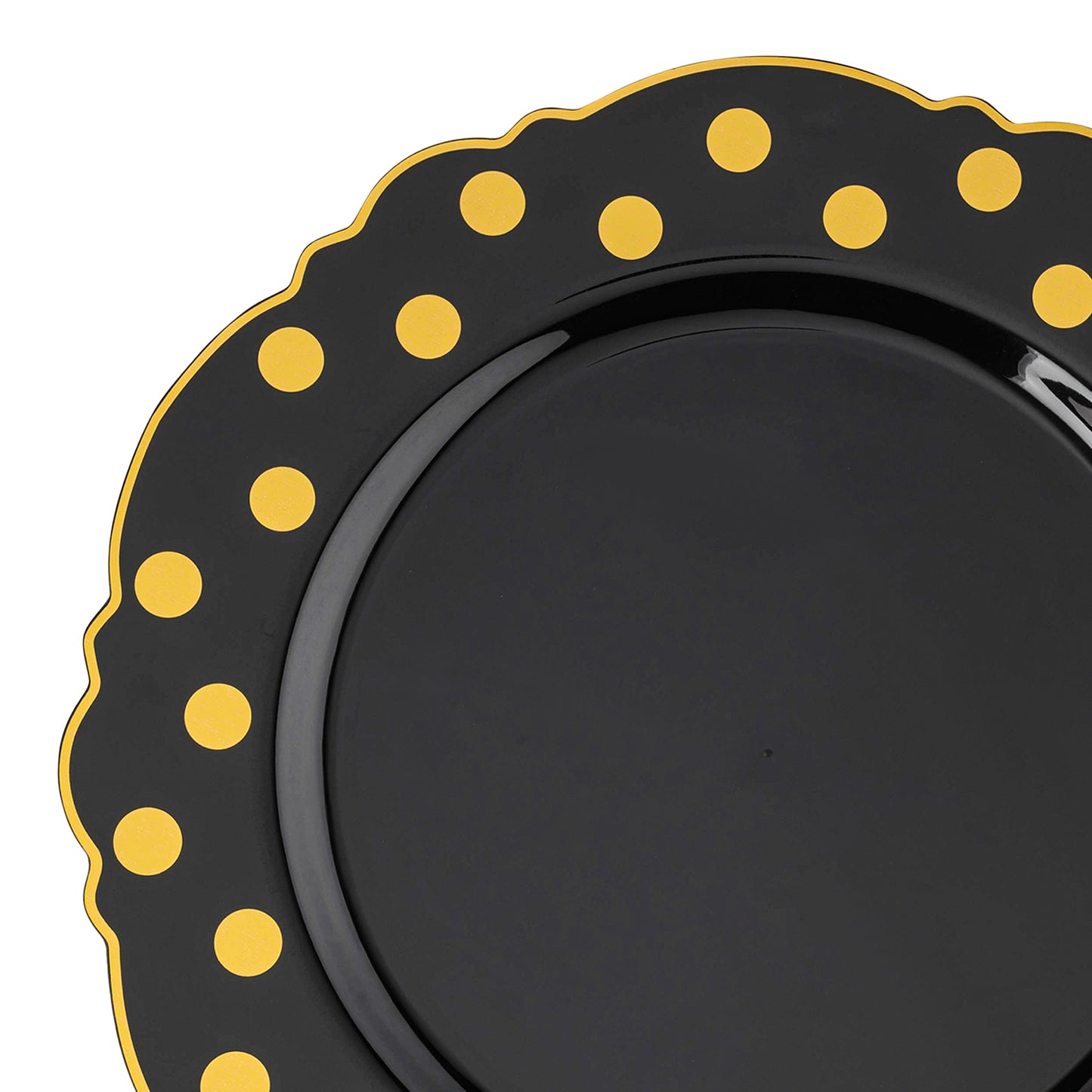 Black with Gold Dots Round Blossom Plastic Disposable Dinner Plates (10.25")