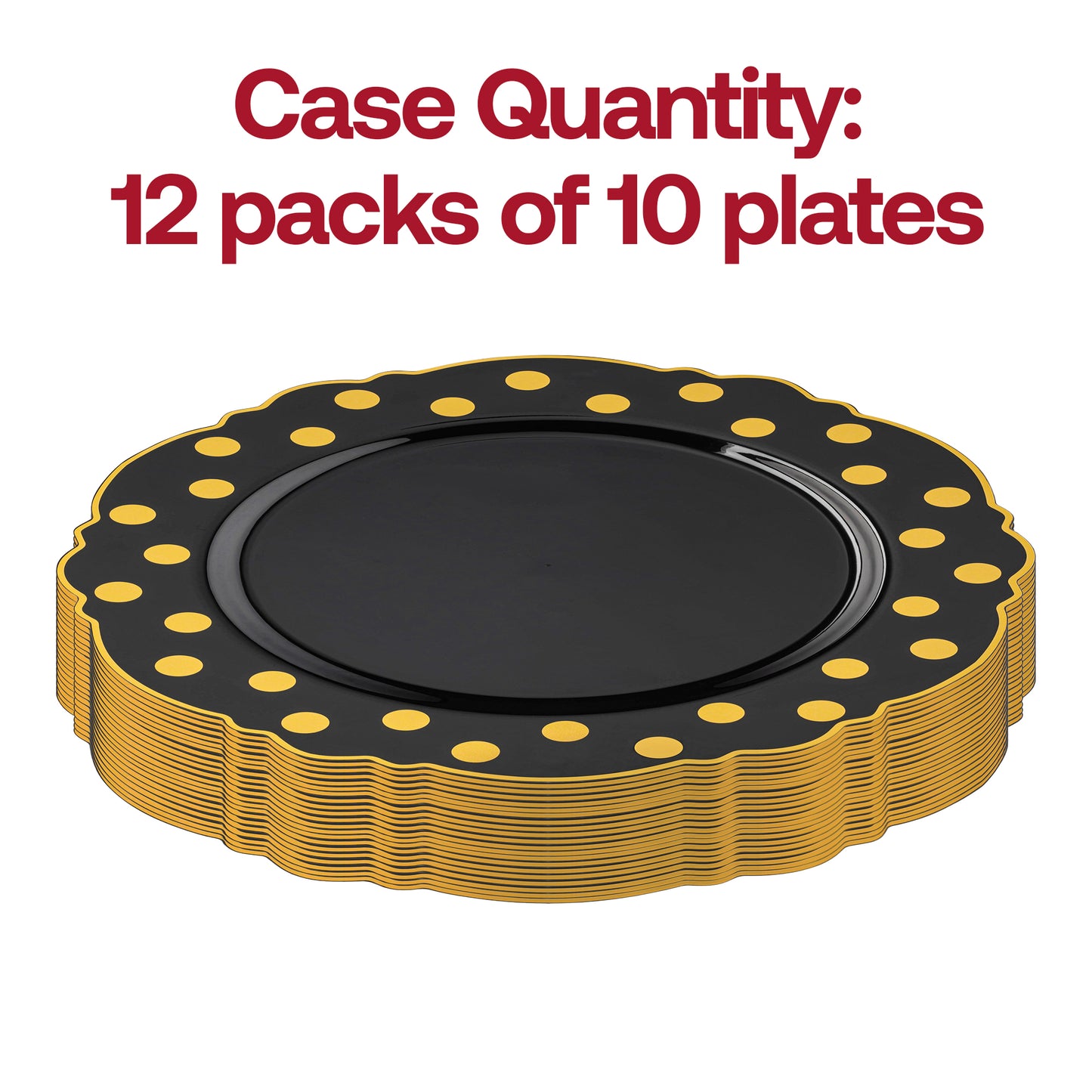 Black with Gold Dots Round Blossom Plastic Disposable Dinner Plates (10.25")