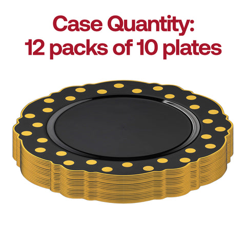 Black with Gold Dots Round Blossom Plastic Disposable Dinner Plates (10.25