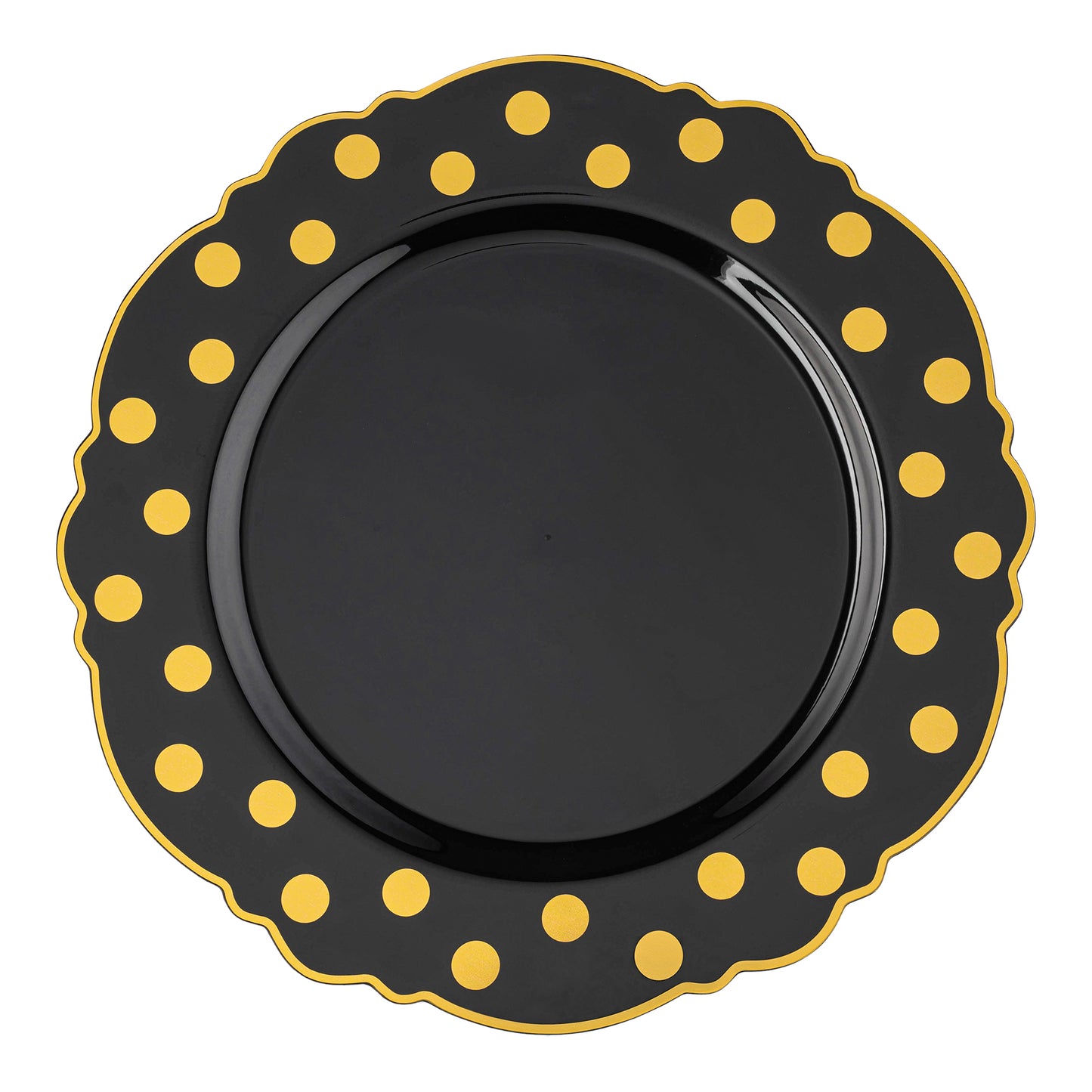 Black with Gold Dots Round Blossom Plastic Disposable Dinner Plates (10.25")
