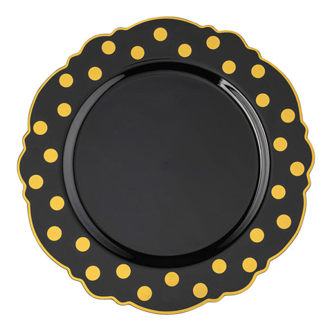 Black with Gold Dots Round Blossom Plastic Disposable Dinner Plates (10.25