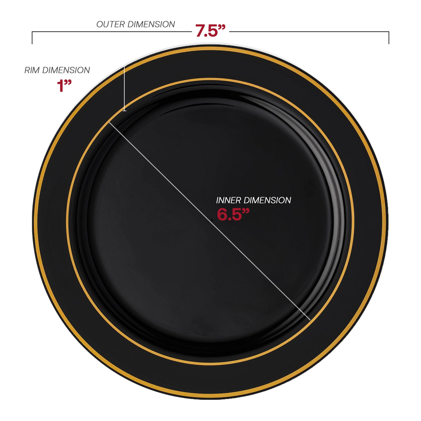Black with Gold Edge Rim Plastic Appetizer/Salad Plates (7.5") Dimension | The Kaya Collection