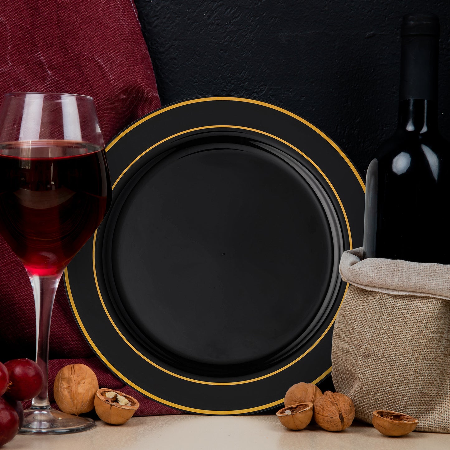 Black with Gold Edge Rim Disposable Plastic Dinner Plates (10.25")
