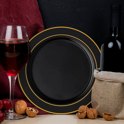 Black with Gold Edge Rim Disposable Plastic Dinner Plates (10.25