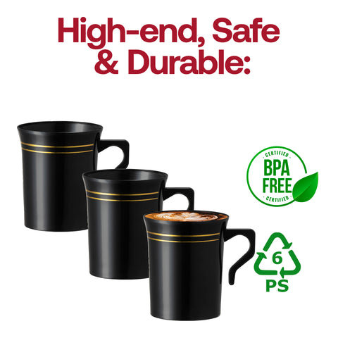 8 oz. Black with Gold Edge Rim Round Plastic Coffee Mugs BPA | The Kaya Collection