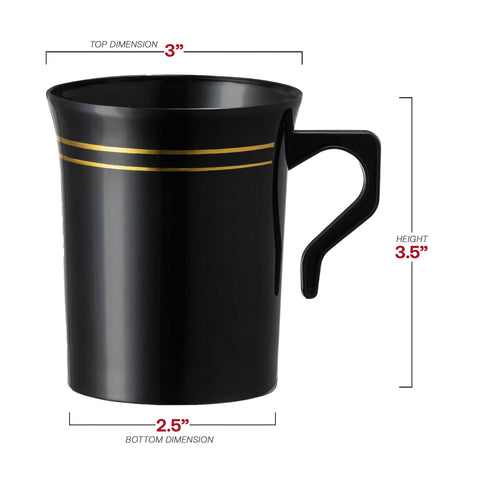 8 oz. Black with Gold Edge Rim Round Plastic Coffee Mugs Dimension | The Kaya Collection