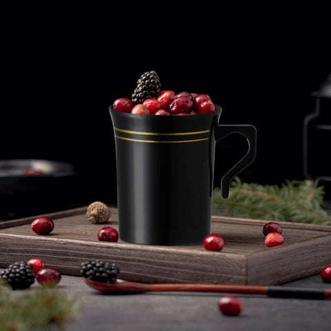 8 oz. Black with Gold Edge Rim Round Disposable Plastic Coffee Mugs
