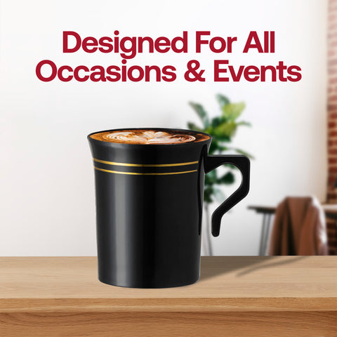 8 oz. Black with Gold Edge Rim Round Plastic Coffee Mugs Lifestyle | The Kaya Collection