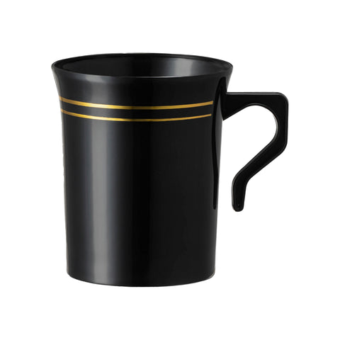 8 oz. Black with Gold Edge Rim Round Plastic Coffee Mugs Main | The Kaya Collection