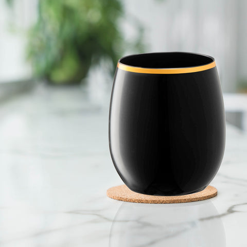 12 oz. Black with Gold Stemless Plastic Wine Glasses