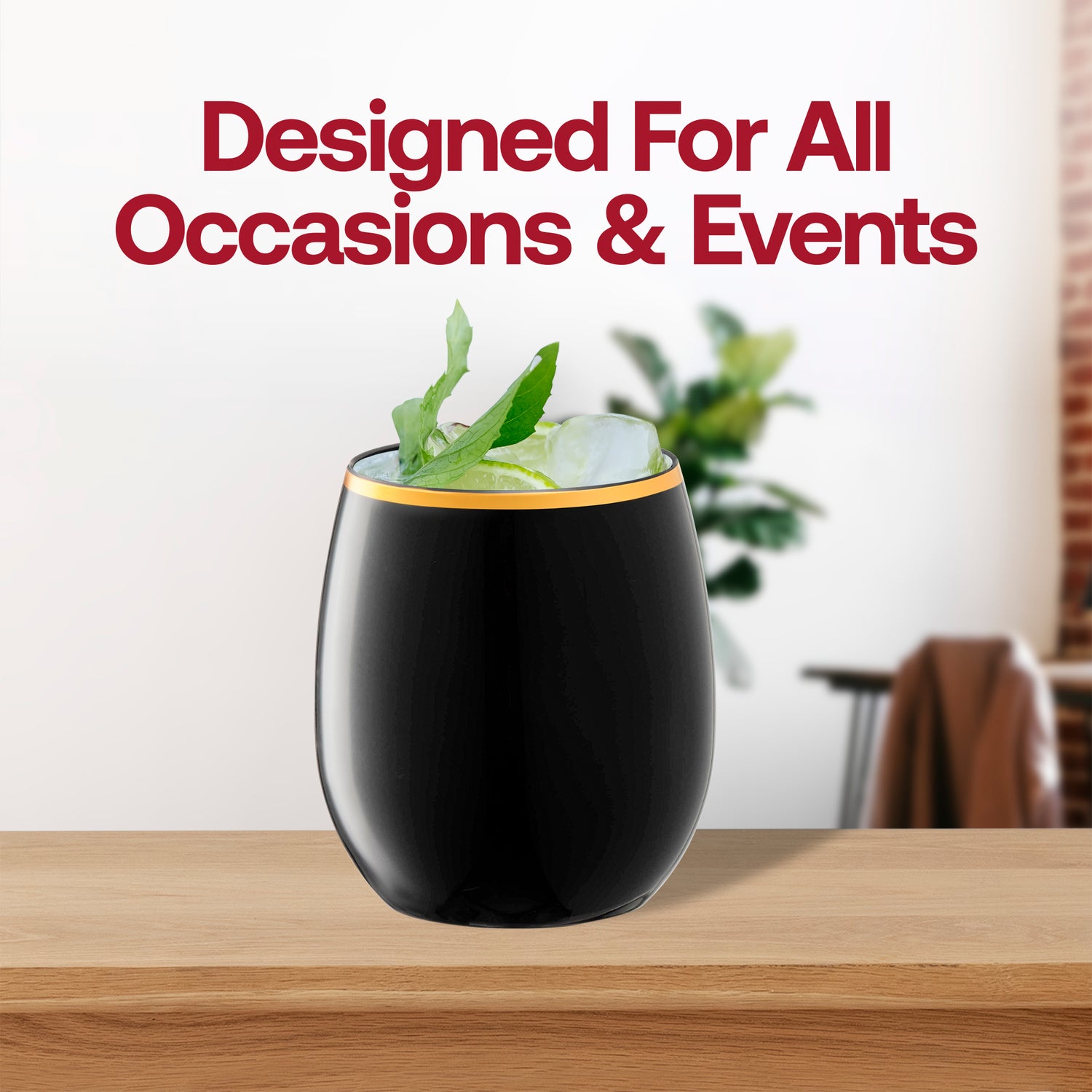 12 oz. Black with Gold Elegant Stemless Plastic Wine Glasses Lifestyle | The Kaya Colletion