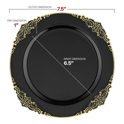 Black with Gold Fancy Round Plastic Salad Plates (7.5”)