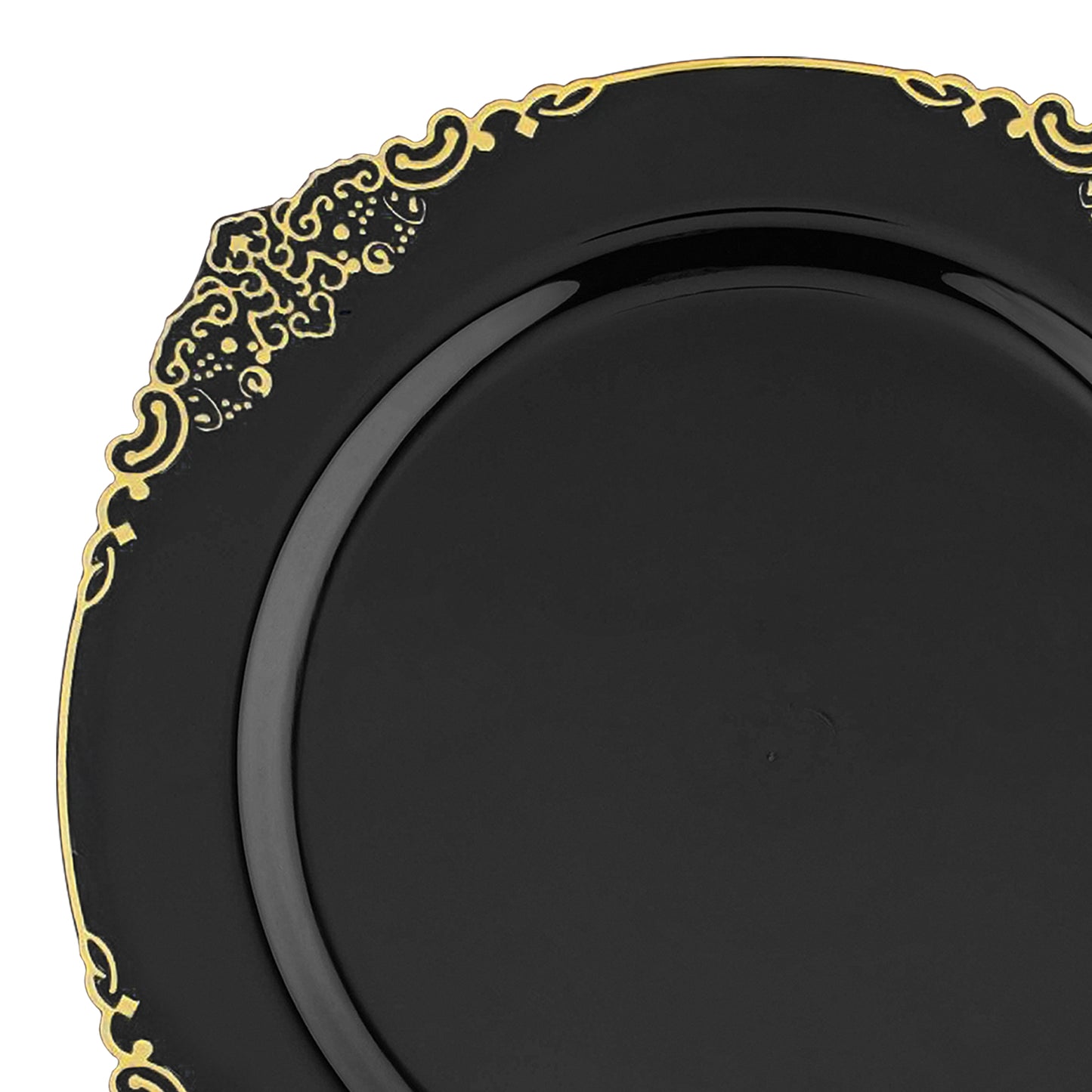 Black with Gold Fancy Round Plastic Salad Plates (7.5”)