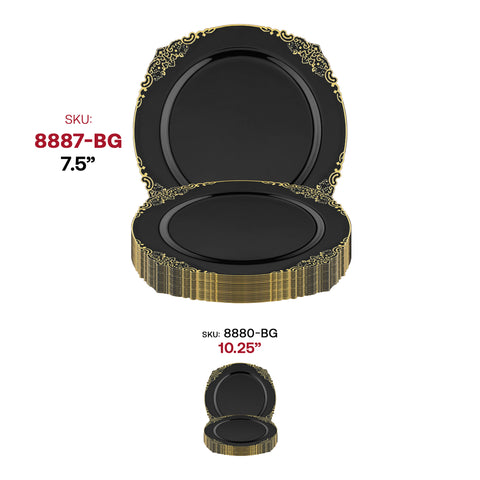 Black with Gold Fancy Round Plastic Salad Plates (7.5”)