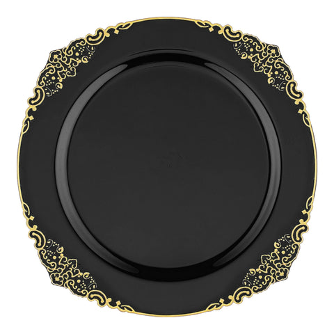 Black with Gold Fancy Round Plastic Salad Plates (7.5”)