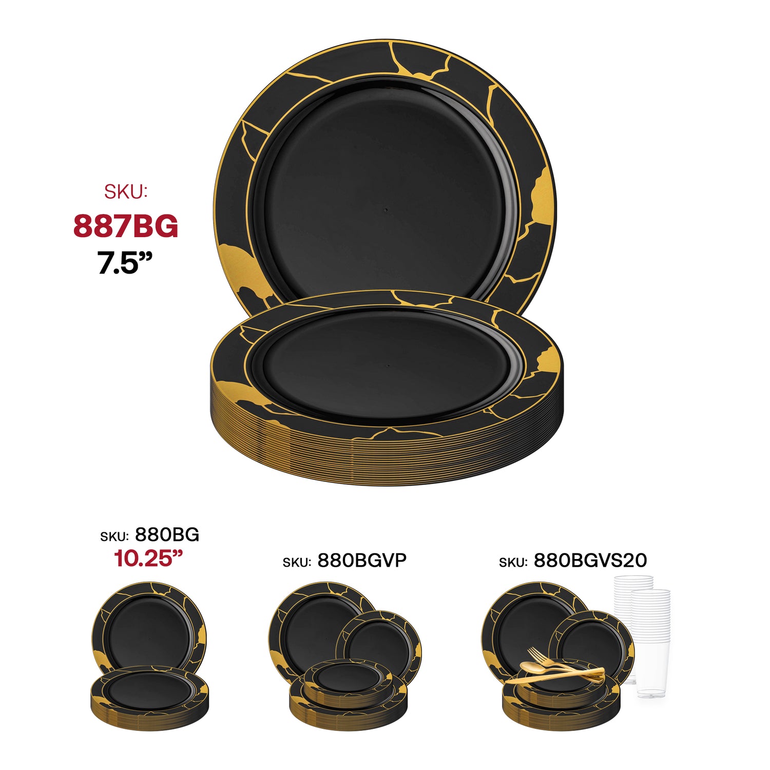 Black with Gold Marble Disposable Plastic Appetizer/Salad Plates (7.5") SKU | The Kaya Collection