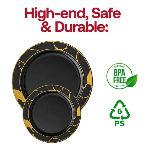 Black with Gold Marble Disposable Plastic Dinner Plates (10