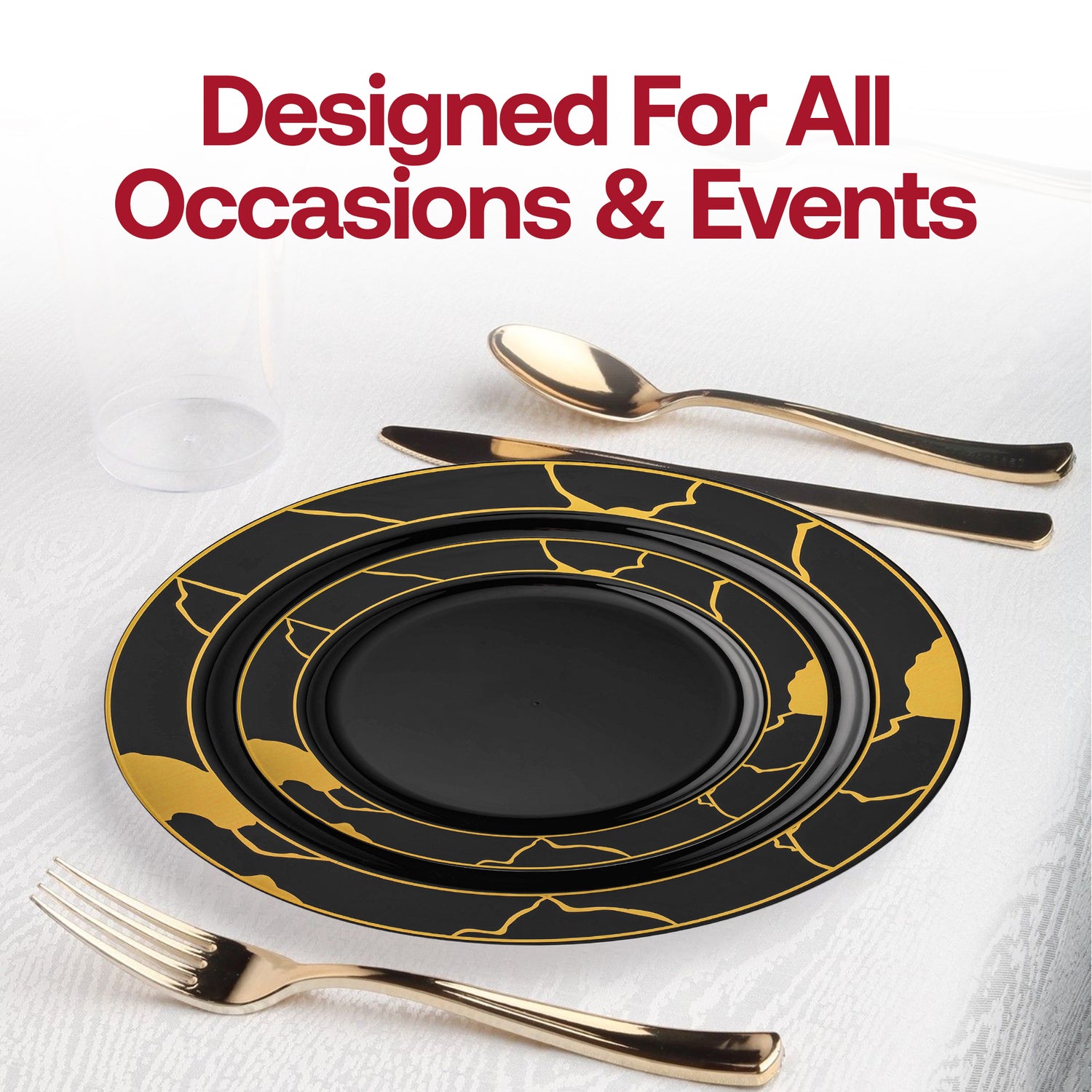 Black with Gold Marble Disposable Plastic Dinner Plates (10") Lifestyle | The Kaya Collection