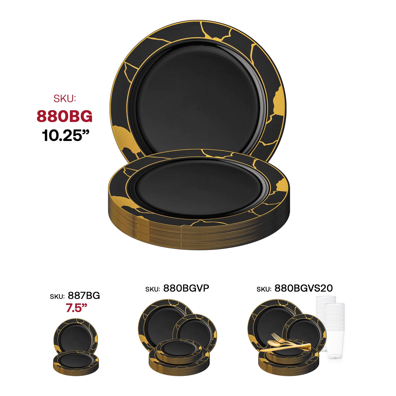 Black with Gold Marble Disposable Plastic Dinner Plates (10") SKU | The Kaya Collection