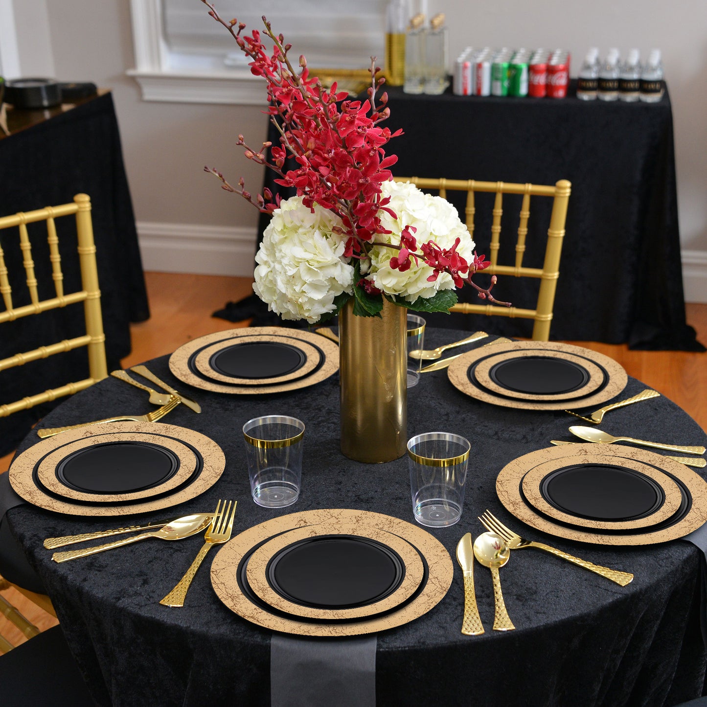 Black with Gold Marble Rim Disposable Plastic Salad Plates (7.5")