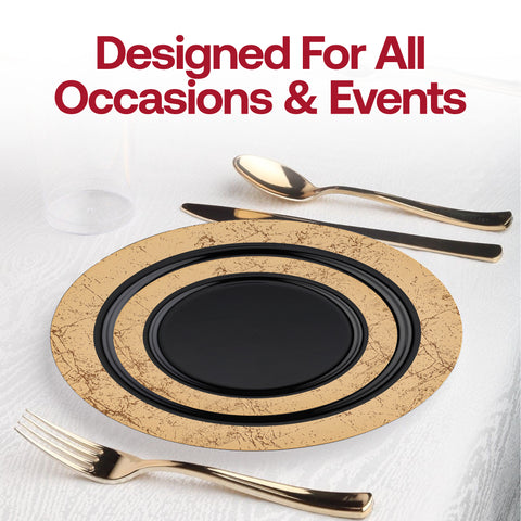 Black with Gold Marble Rim Disposable Plastic Dinner Plates (10.25