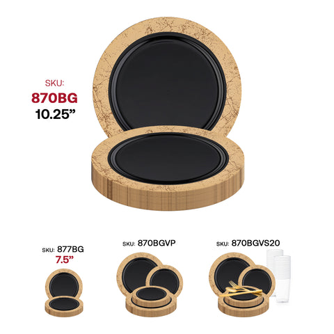 Black with Gold Marble Rim Disposable Plastic Dinner Plates (10.25