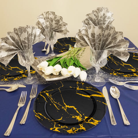 Black with Gold Marble Round Paper Charger Plates (13