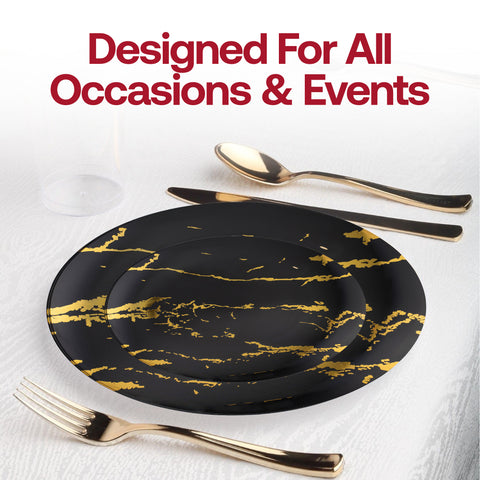 Black with Gold Stroke Round Plastic Disposable Dinner Plates (10.25