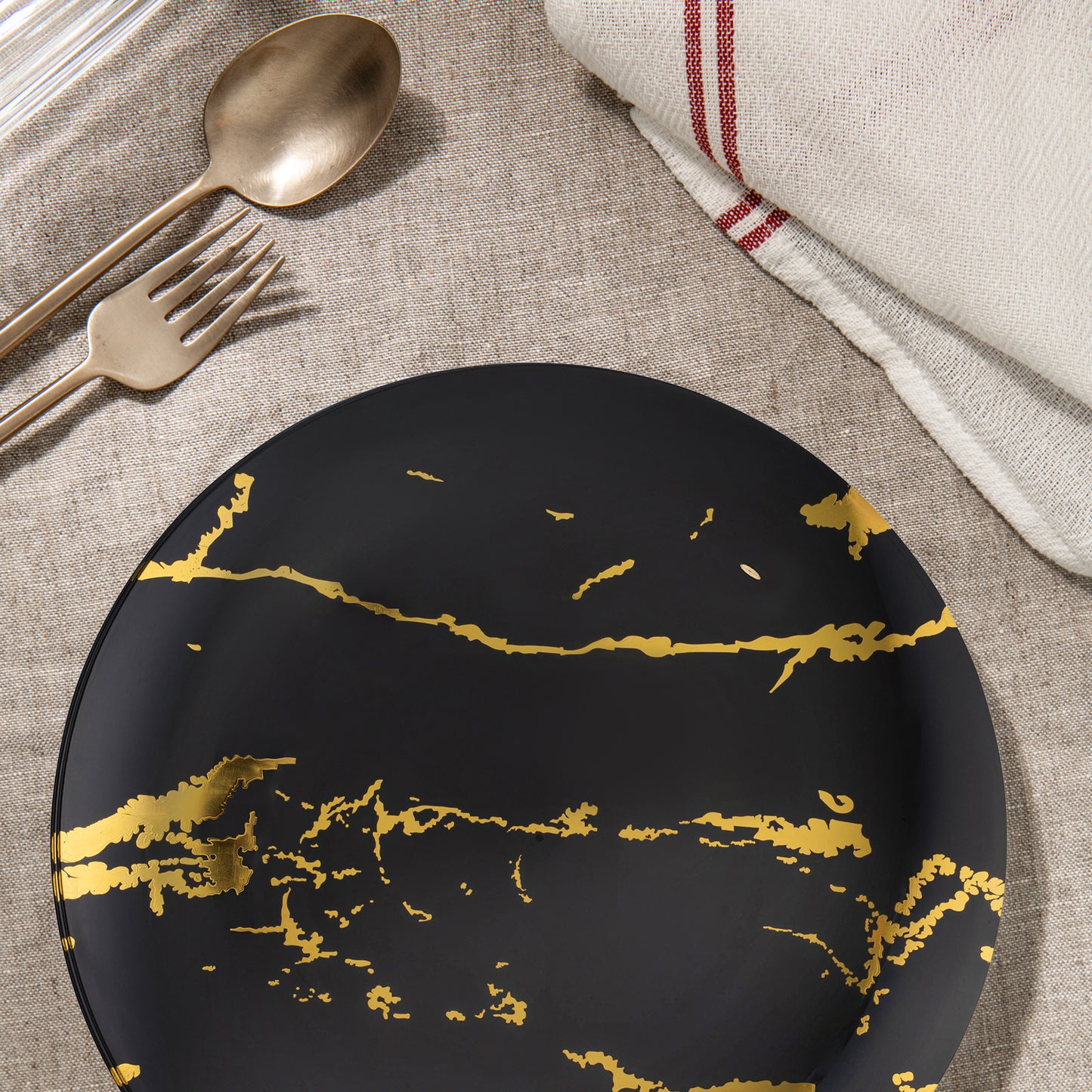 Black with Gold Stroke Round Plastic Disposable Dinner Plates (10.25")