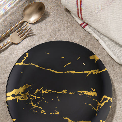 Black with Gold Stroke Round Plastic Disposable Dinner Plates (10.25