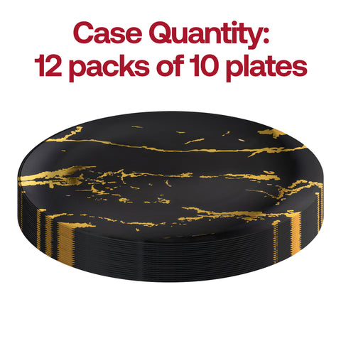 Black with Gold Stroke Round Plastic Disposable Dinner Plates (10.25