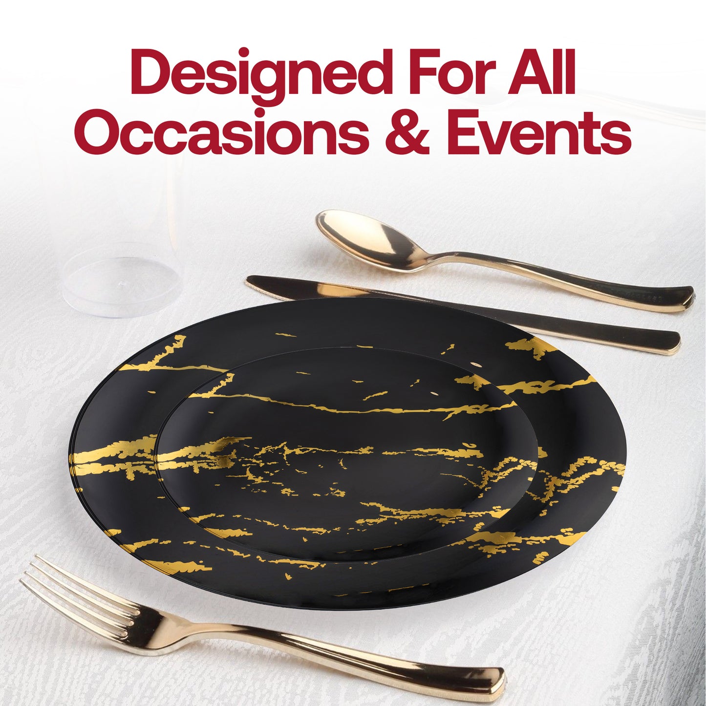Black with Gold Stroke Round Disposable Plastic Salad Plates (7.5")