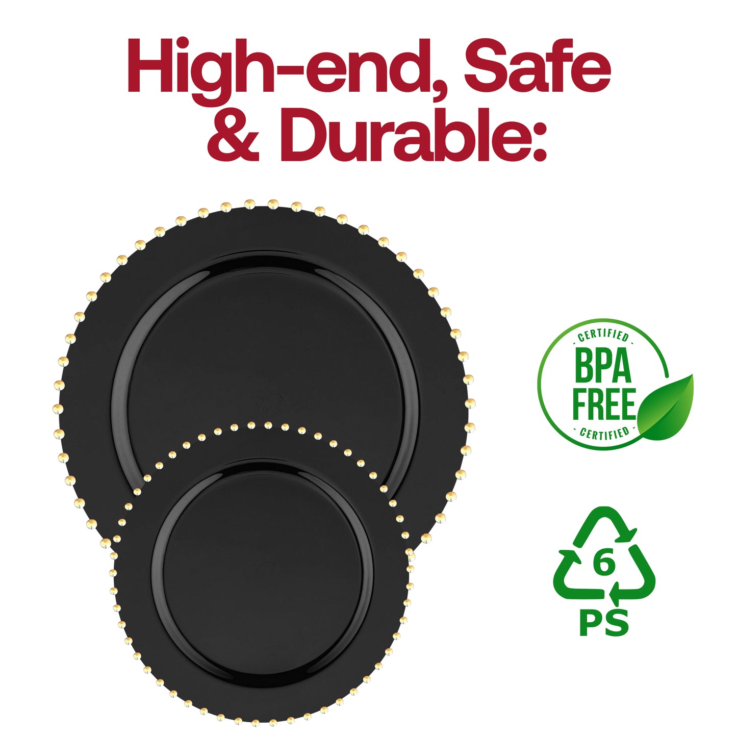 Black with Gold Pearl String Round Plastic Dinner Plates (10”)