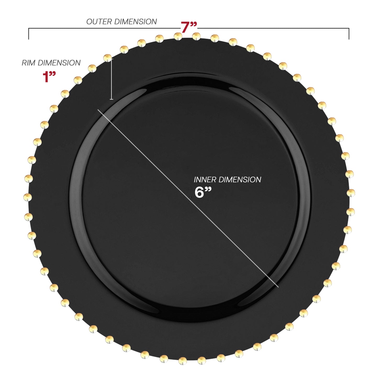 Black with Gold Pearl String Round Plastic Salad Plates (7”)