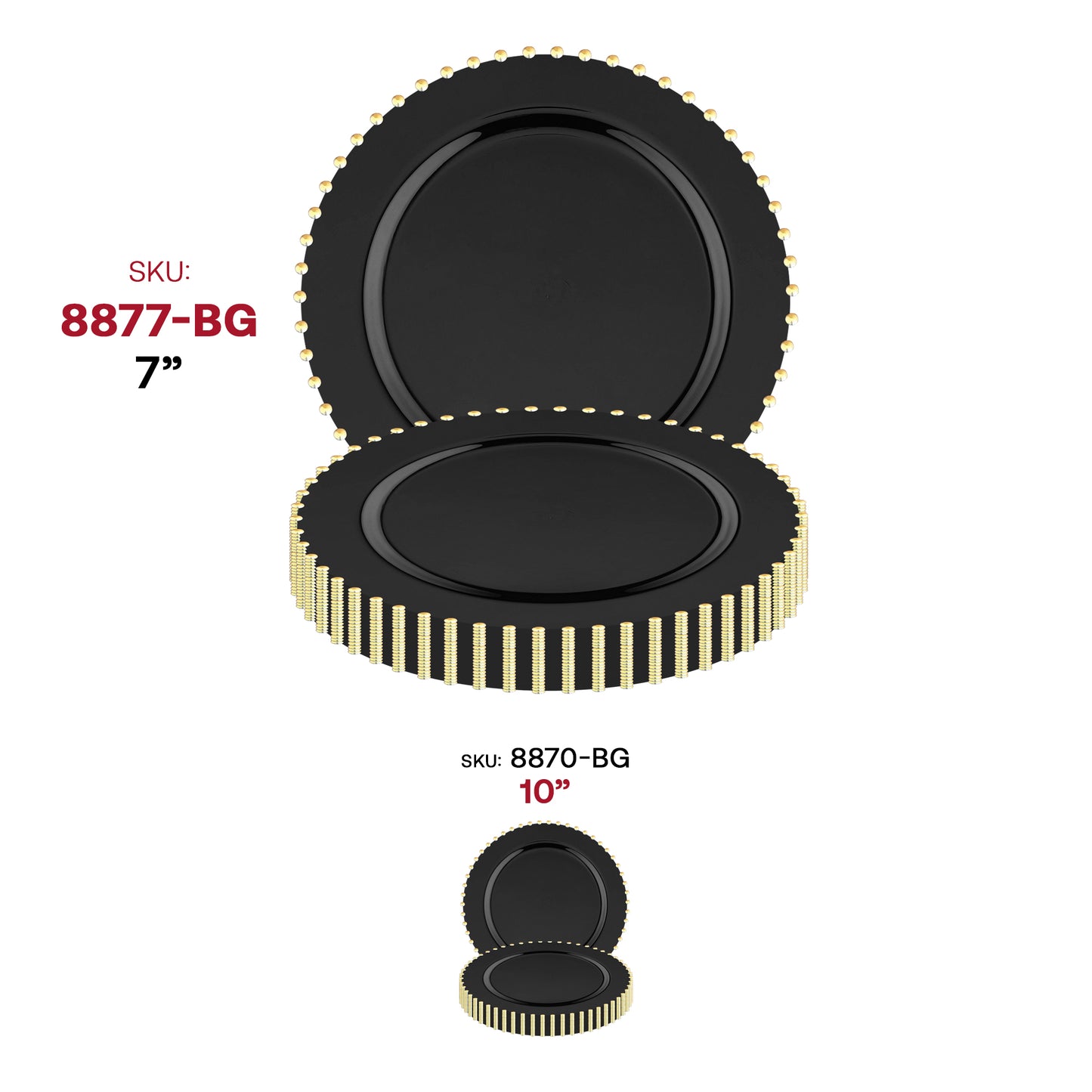 Black with Gold Pearl String Round Plastic Salad Plates (7”)