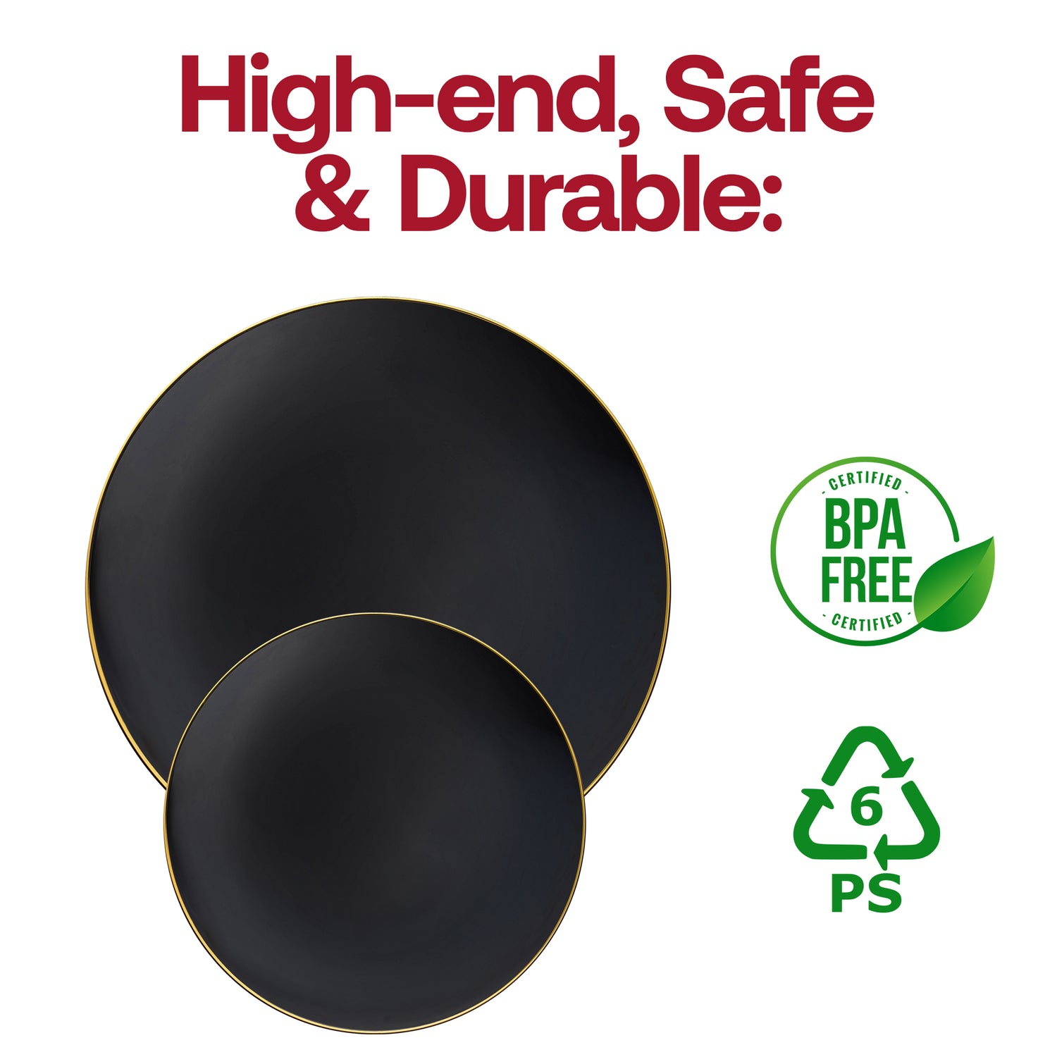 Black with Gold Rim Organic Round Disposable Plastic Appetizer/Salad Plates (7.5") BPA | The Kaya Collection