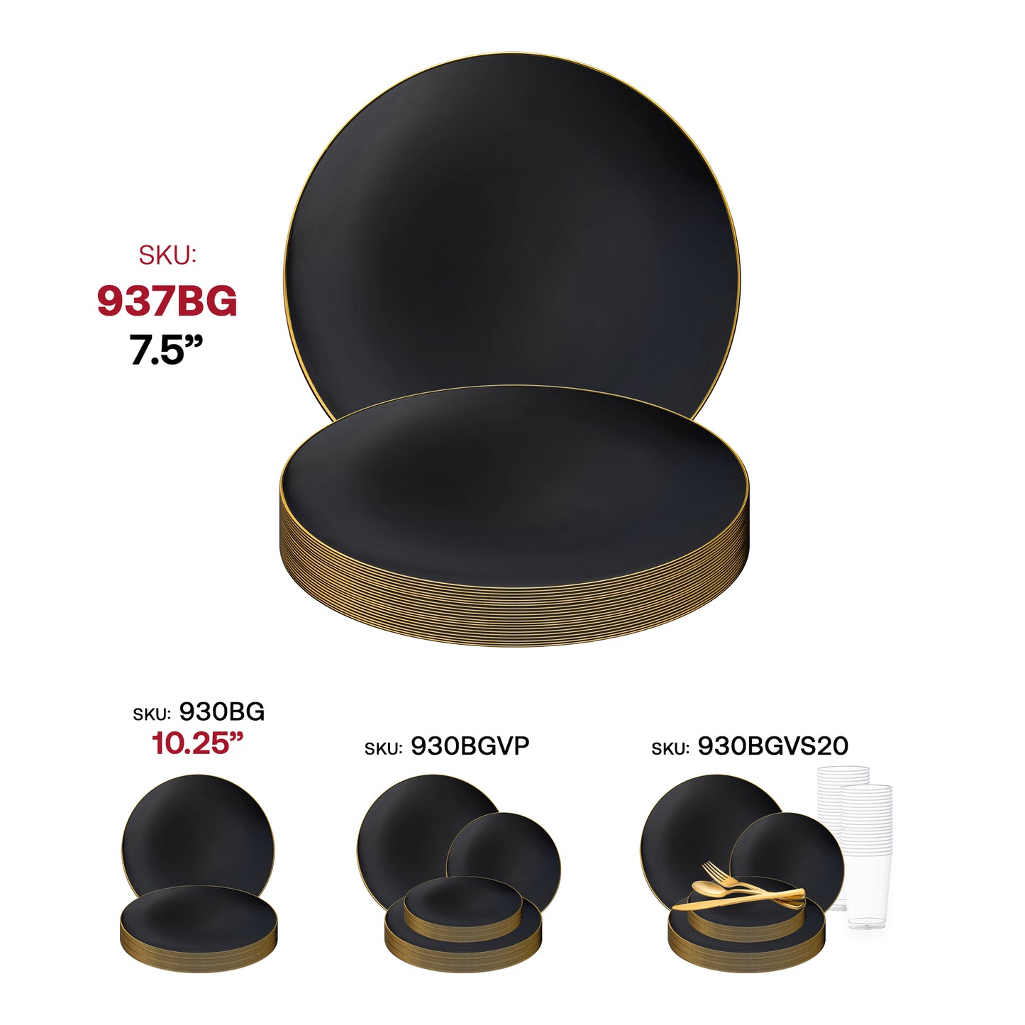 Black with Gold Rim Organic Round Disposable Plastic Appetizer/Salad Plates (7.5") SKU | The Kaya Collection