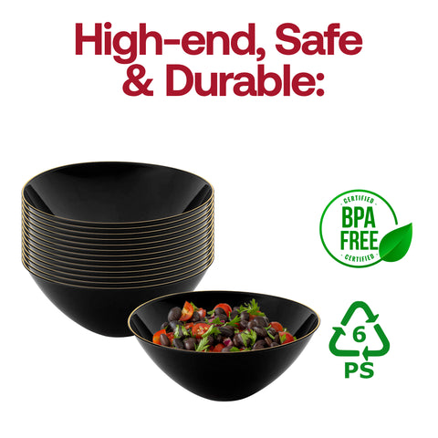 Black with Gold Rim Organic Round Disposable Plastic Bowls (32 oz.) BPA | The Kaya Collection