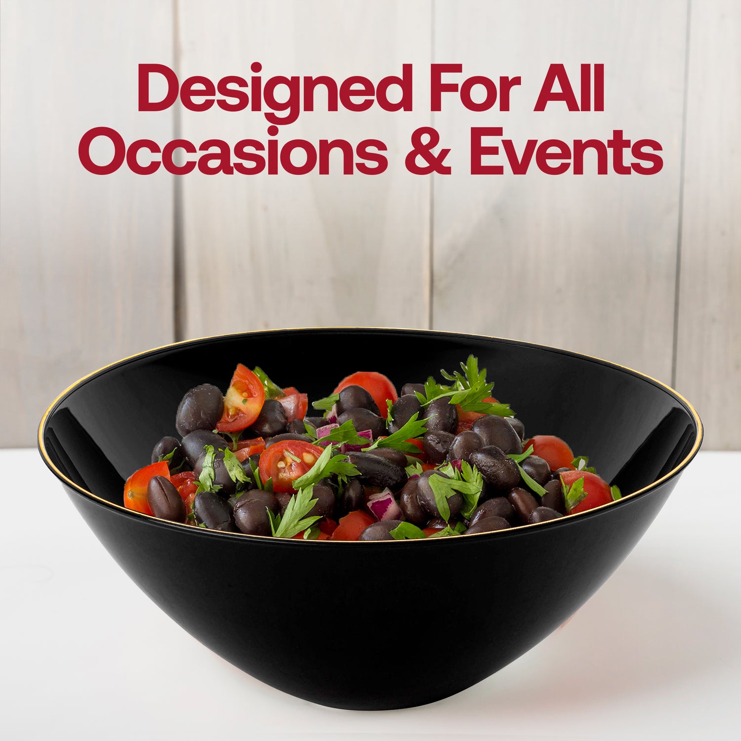 Black with Gold Rim Organic Round Disposable Plastic Bowls (32 oz.) Lifestyle | The Kaya Collection
