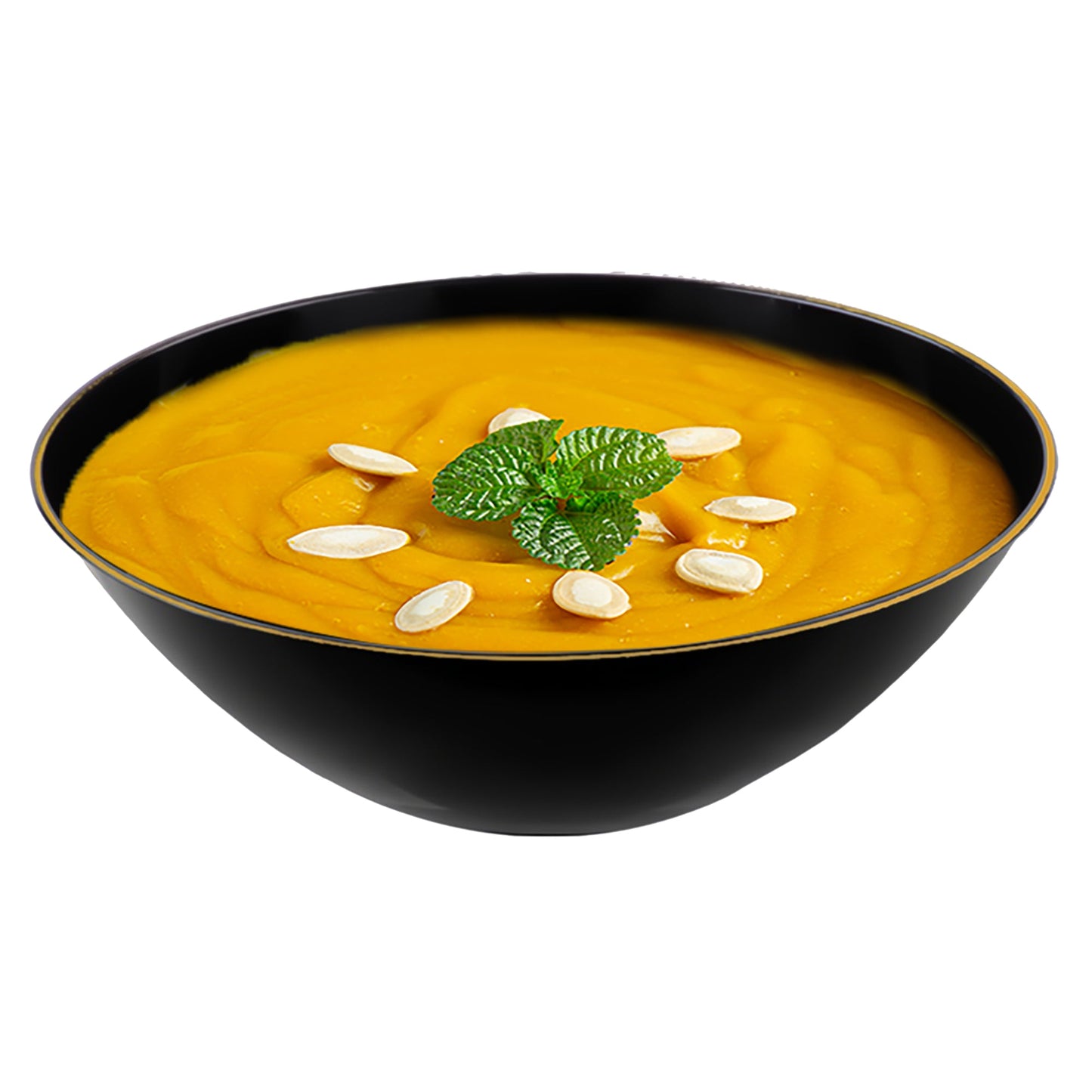 Black with Gold Rim Organic Round Plastic Bowls (32 oz.)