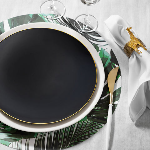 Black with Gold Rim Organic Round Plastic Disposable Dinner Plates (10.25